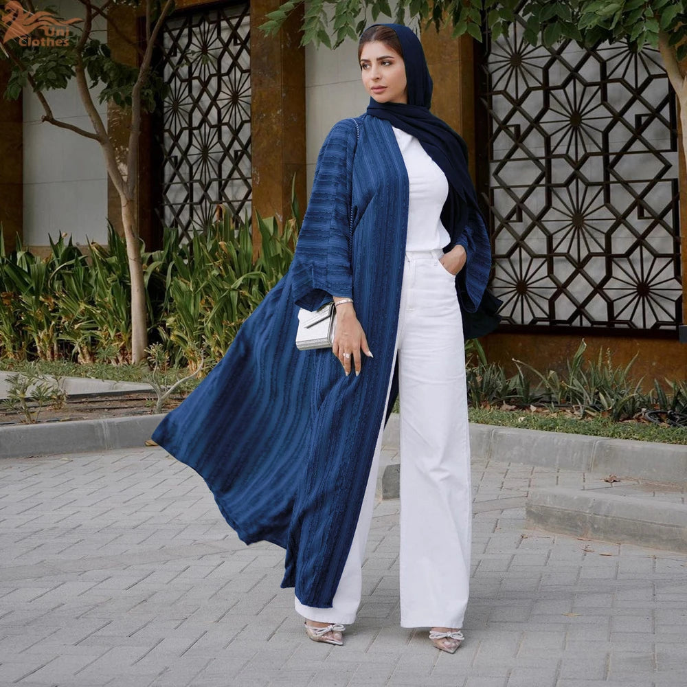 Uni Fashion Muslim Kimono Abaya Solid Striped Retro Ethnic Cardigan Robe Dubai Middle Eastern Saudi Arabia Eid Clothes 2025.