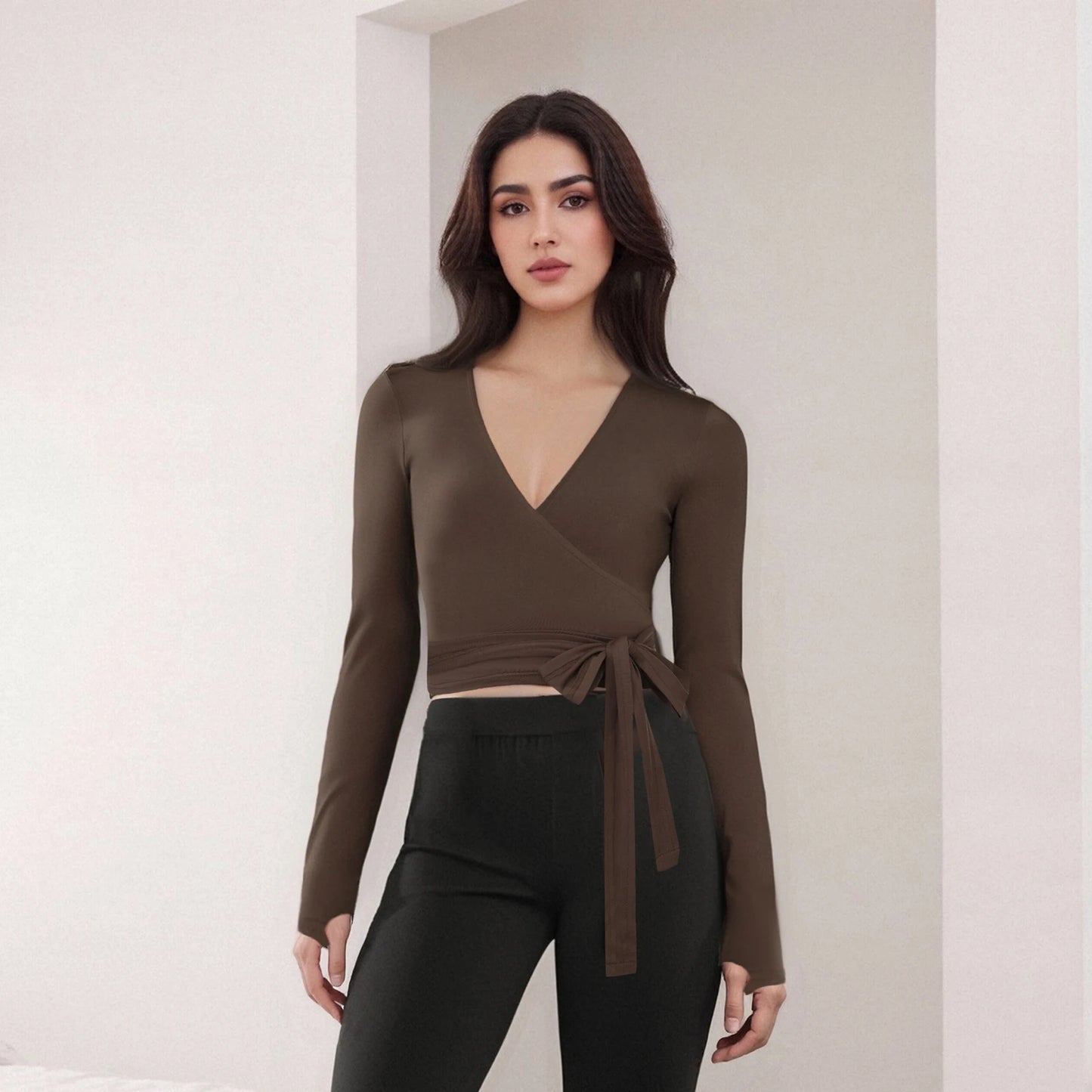 Solid Color Tie-Up Front V-Neck Long Sleeve Bottoming Shirt Women Fitness Yoga T-Shirts Seamless Workout Tops.