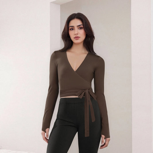 Solid Color Tie-Up Front V-Neck Long Sleeve Bottoming Shirt Women Fitness Yoga T-Shirts Seamless Workout Tops.