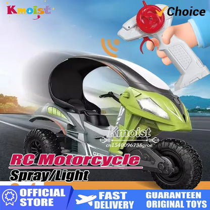 Electric RC Motorcycle Car Spray RC Stunt Toys Remote Control Drift Stunt Three Wheel Motorcycle with LED Lights for Kids Gifts.