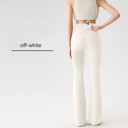 BIVIGAOS Naked Feeling Back Waist Pocket Sharkskin Micro Flared Leggings Women's Tight Sexy Sports Fitness Yoga Casual Pants