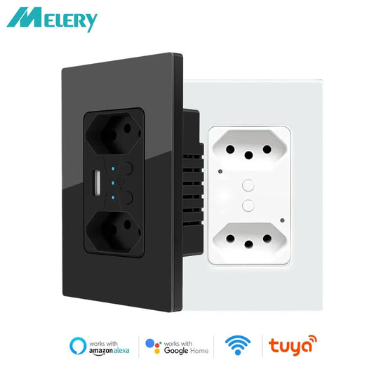 Melery Brasilien WiFi Smart Leben Dual Wand Steckdose Tuya Elektrische Stecker Outlet PC/Glas Touch Panel Alexa Dot Google hause Assistent.