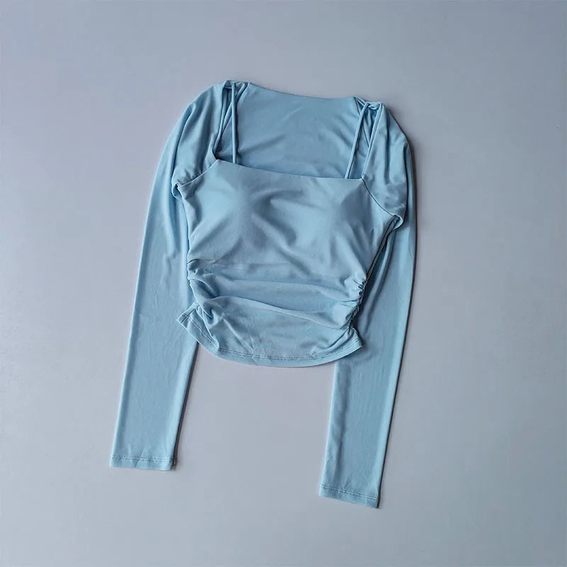 Yoga Clothes Women Sports Tops Fixed Chest Pads Mesh Splicing Slimming Long Sleeves Fashionable Running Training Fitness Clothes.