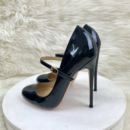 Round Toe Stiletto Shoes For Women Black Mary Jane Shoes 10CM 12CM Thin High Heels Spring Autumn Buckle Strap Fashion Sexy Pumps.
