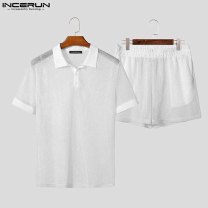 Men Short Sets Fashion Hollow Out INCERUN Two-piece Suits  Men's Sets Streetwear Short Sleeve Tops Shorts Men's Clothing Summer