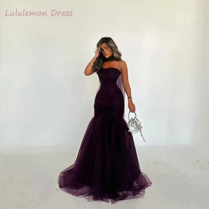 Maßgeschneiderte lila Abendkleider, bodenlang, Party, Meerjungfrau, lange Seidenschals, Robes de Soirée, trägerloses Hochzeitskleid.