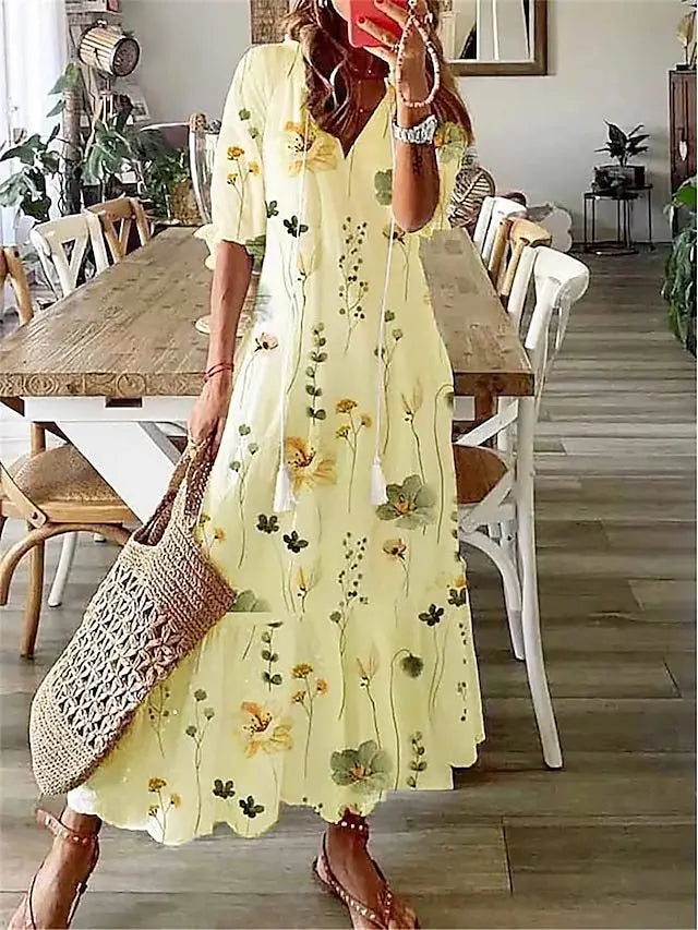Neue frauen Frühling Sommer Kleid Sexy V-ausschnitt Kordelzug Gedruckt Lange-ärmeln Kleid Beiläufige Lose Mode Elegante Frische Süße kleid.