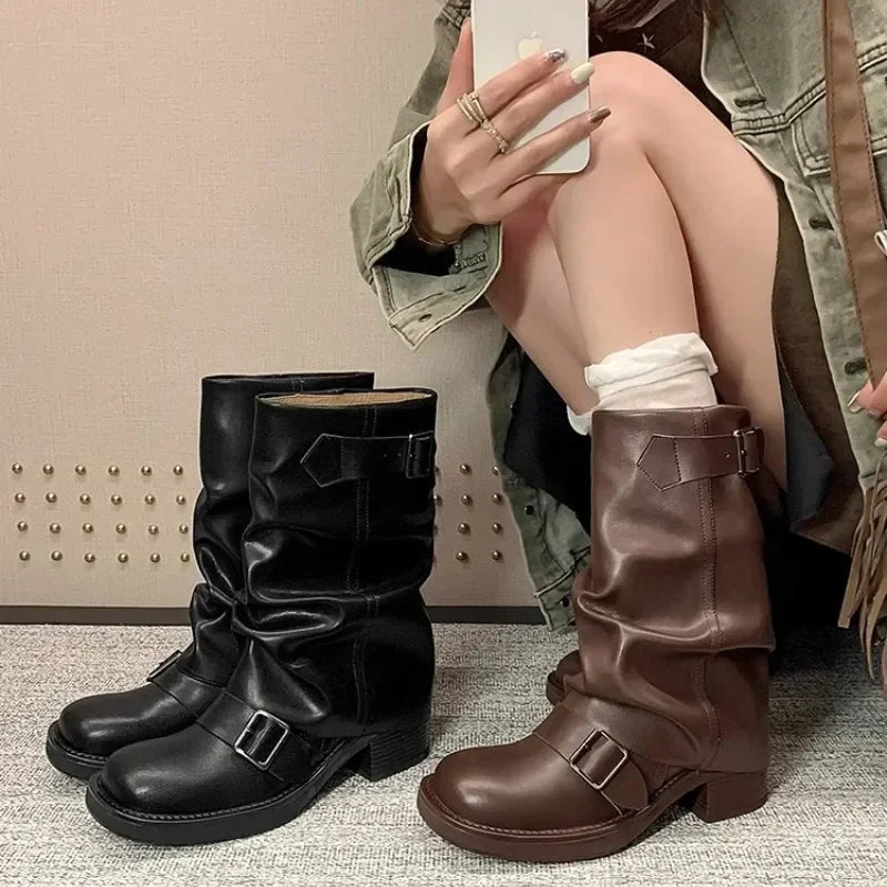 Pleated Buckle Knight Boots for Women Autumn Brown PU Leather Mid Calf Boots Woman Slip-On Thick Heel Riding Botas Mujer 2024.