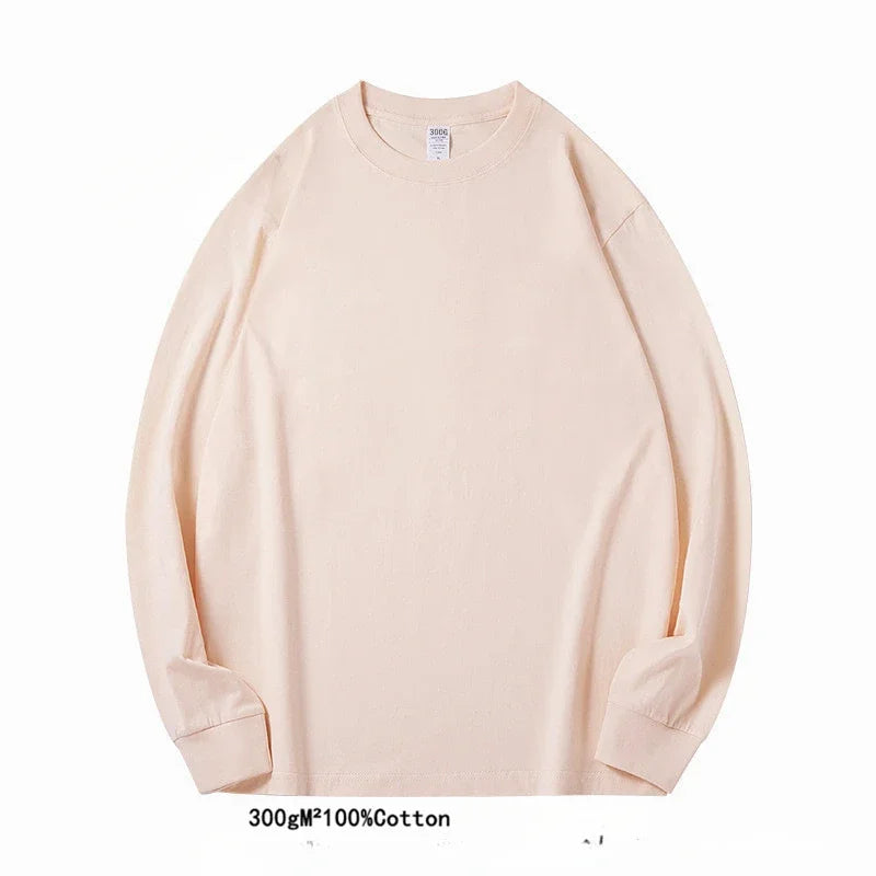 Spring Autumn 300g Heavy-duty Pure Cotton Long Sleeved  T-shirt FLoose White Top Thick Base Layer Underneath for Men and Women.