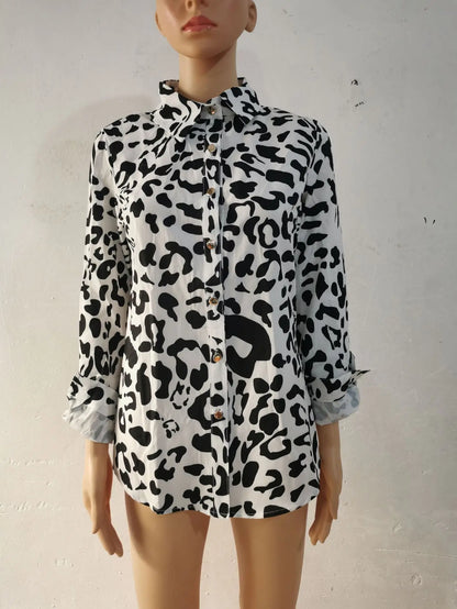 Blue Women's Long-sleeved Shirt, Single-breasted Collar Commuter Shirts, White and Black Slim-fit Top.