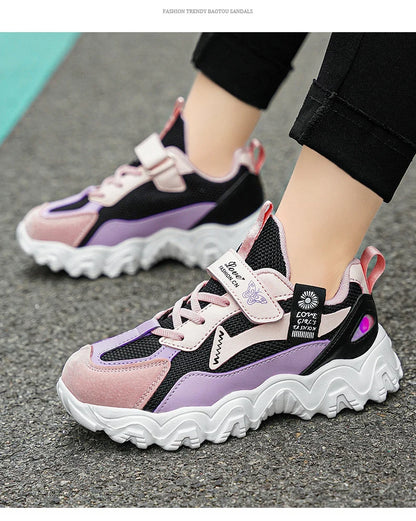 Fashion Children Shoes Girls Sneaker Black Pink PU Leather Platform Casual Sneaker School Tennis Sports Shoes for Girls.