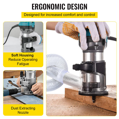 VEVOR Elektrik Hand Holz Oberfräse 800 W, Einhand Oberfräse 30000 U/min, Holz Kantenfräse, 3 Spannzangen, Soft-Start, Aluminiumlegierung, Drehzahlregelung, Elektrische Oberfräse Holzbearbeitung