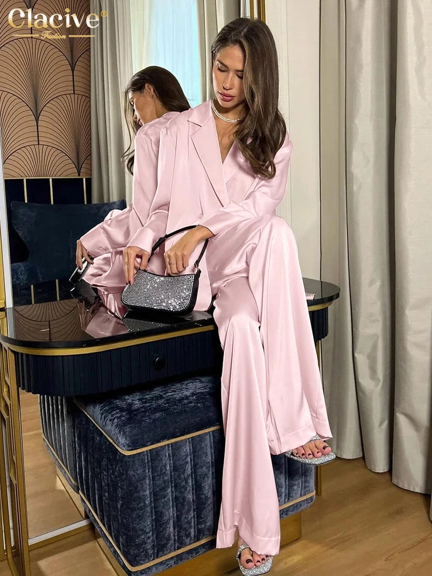 Clacive Fashion Loose Pink Satin Pants Sets For Women 2 Pieces Elegant Long Sleeve Shirt With High Waist Wide Trousers Suits.