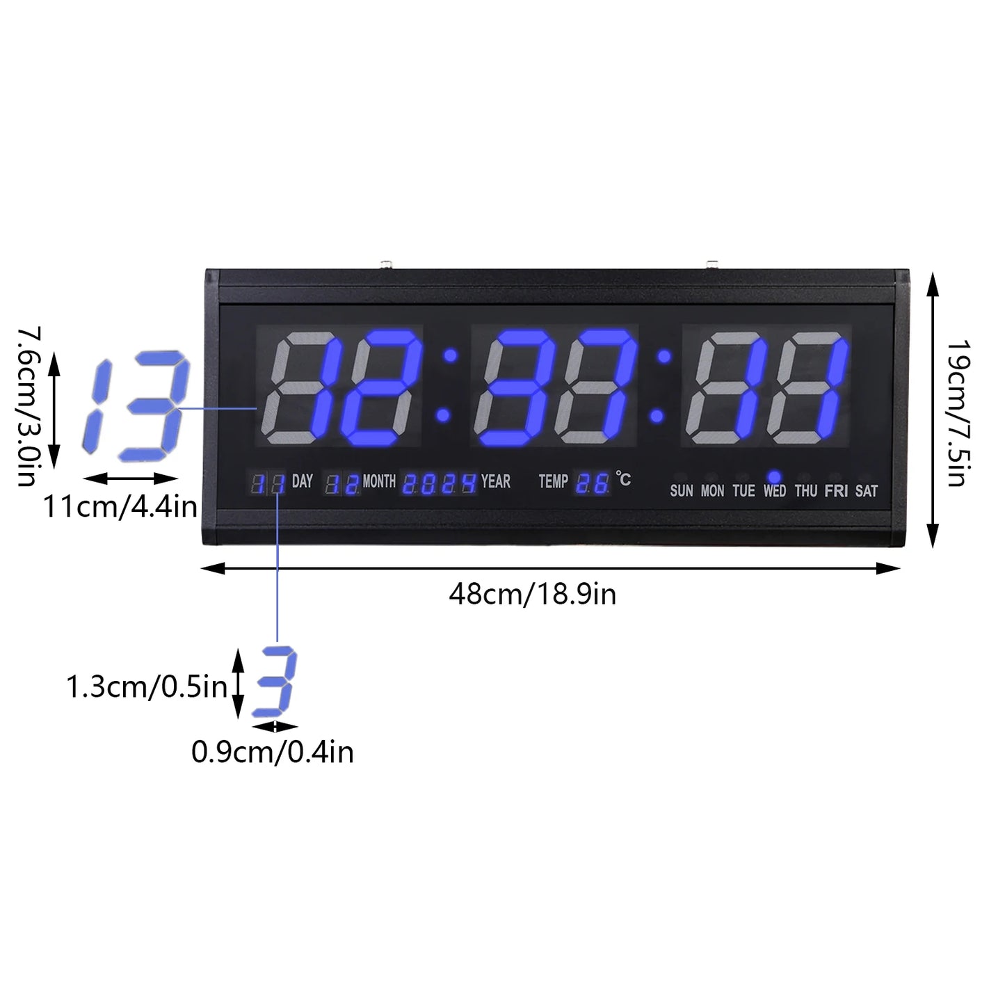 220 V große LED-Digital-Wanduhr, Zeit, Temperatur, Datum, Woche, Anzeige, automatischer Dimmer, leuchtende, leise Tischuhr, Wanduhr, 48 x 19 cm