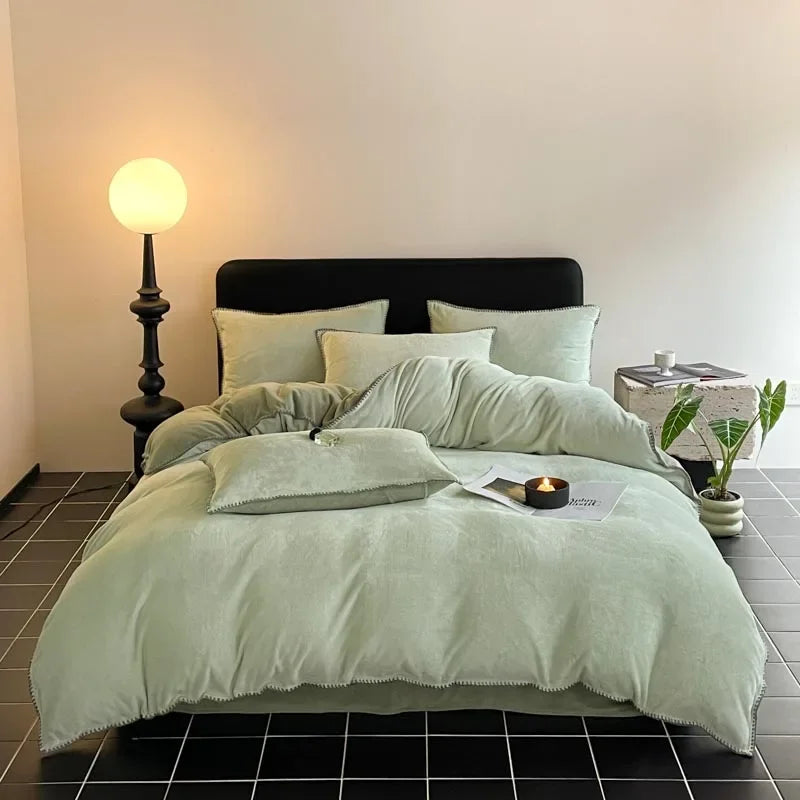 2024 new matte thin strip shell edge winter bed four-piece set milk fleece coral fleece thickened warm bed sheet quilt cover