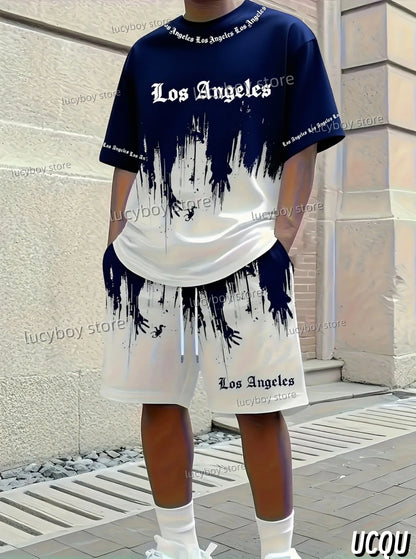 Summer Los Angeles Letter 3D Graffiti Pattern Men's Suit 2 Pieces Set Casual Suit Sports Set Men's Tracksuit Oversized Clothes.