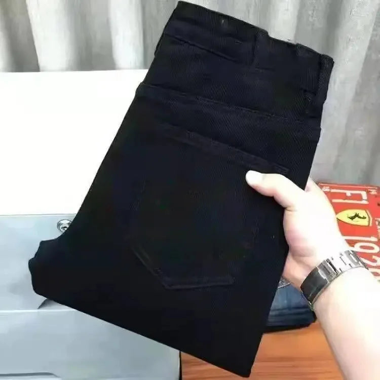 High-End Slim Fit Black White Men's Jeans Elastic Straight Leg Summer Thin Denim Casual Fashion Brand AE Stock Origin China