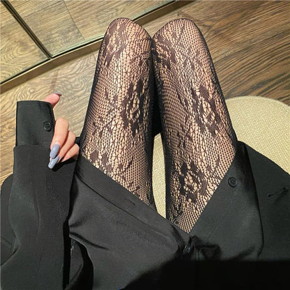 Gothic Women Lolita Leggings Hollowed Out Mesh retro Girls Stockings Japanese Bottomed Lace Pantyhose Floral Rattan Black Tights