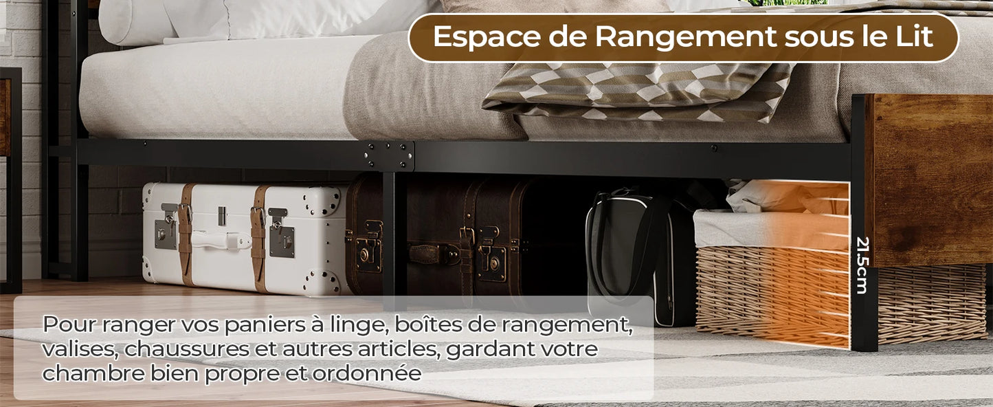 120 x 200 LED-beleuchteter Metallbettrahmen mit Steckdose und USB-Ladefunktion, Holzkopfteil, Stauraumbett B