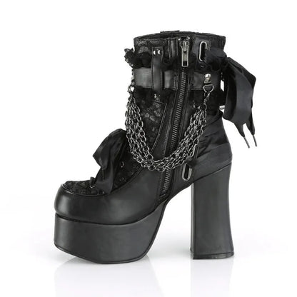 Gothic Style Chain Lace Up Bow Women Short Boots Retro Round Toe Square Heel Chunky Platform Ankle Boots Punk Ladies Party Shoes.