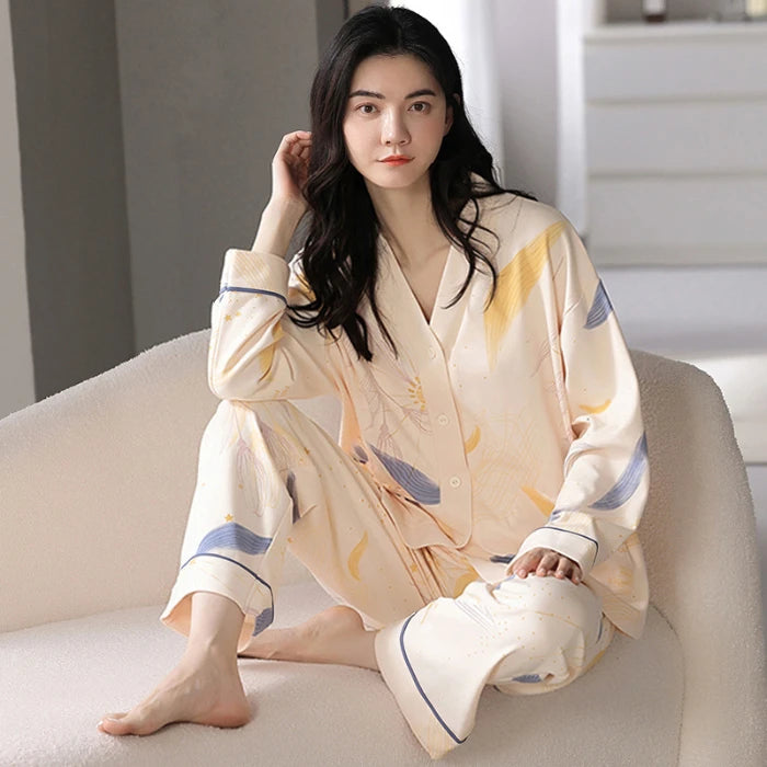 Herbst Winter Pyjamas Set für Frauen Kawaii Druck Nachtwäsche Anzug für Mädchen Mode Restlong Ärmel V-Ausschnitt Frau Pyjamas Set.