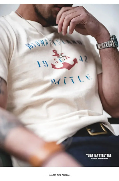 Maden Vintage Letter Print Cotton Short Sleeve T-Shirt Men's Summer Loose Fit Ribbed Crew Neck Tee Casual Street Tops for Daily.