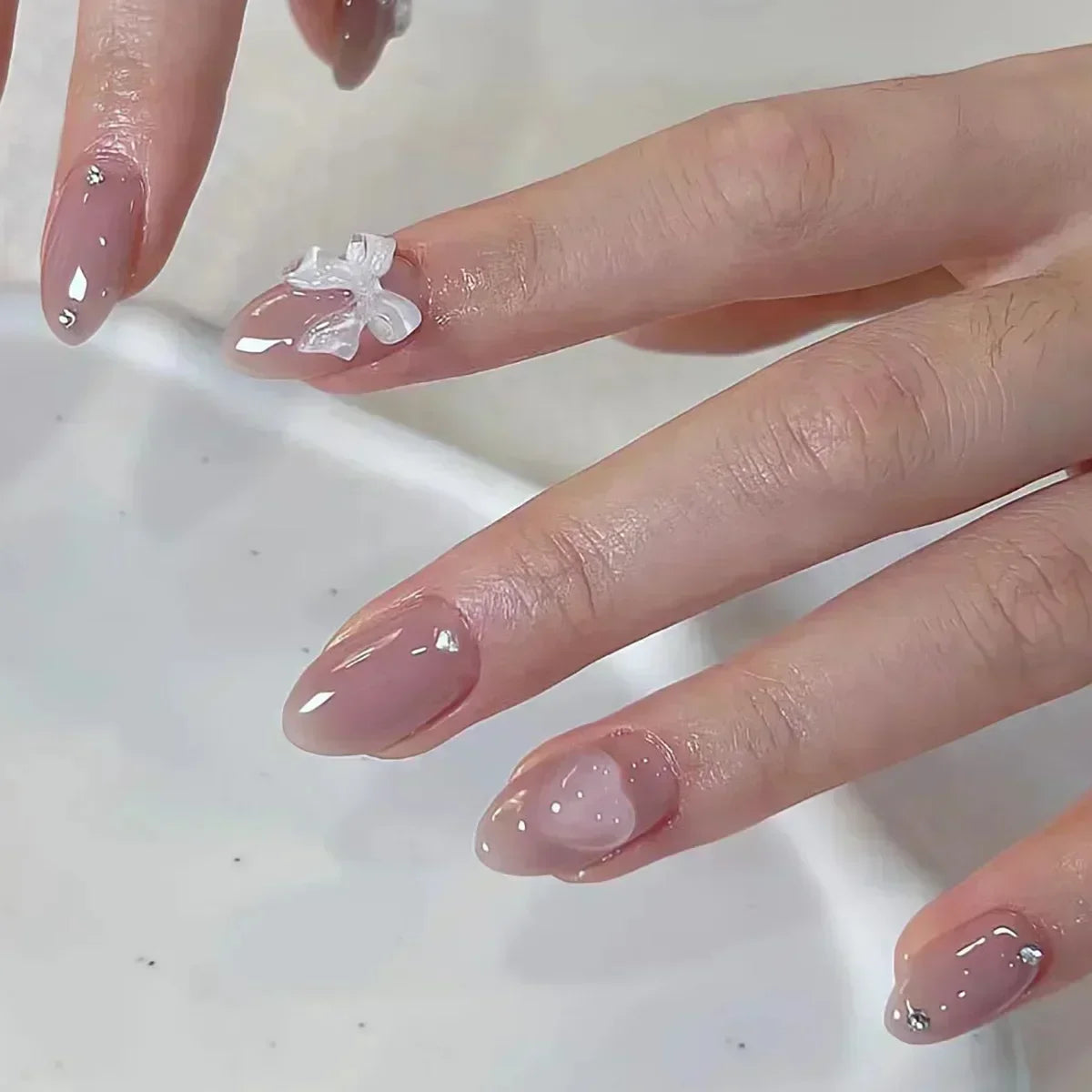 White Glitter Powder Bowknot Long Pointed Fake Nails Art Ballet False Nail Cow Print Pearl Rhinestone Pink Almond Press on Nails