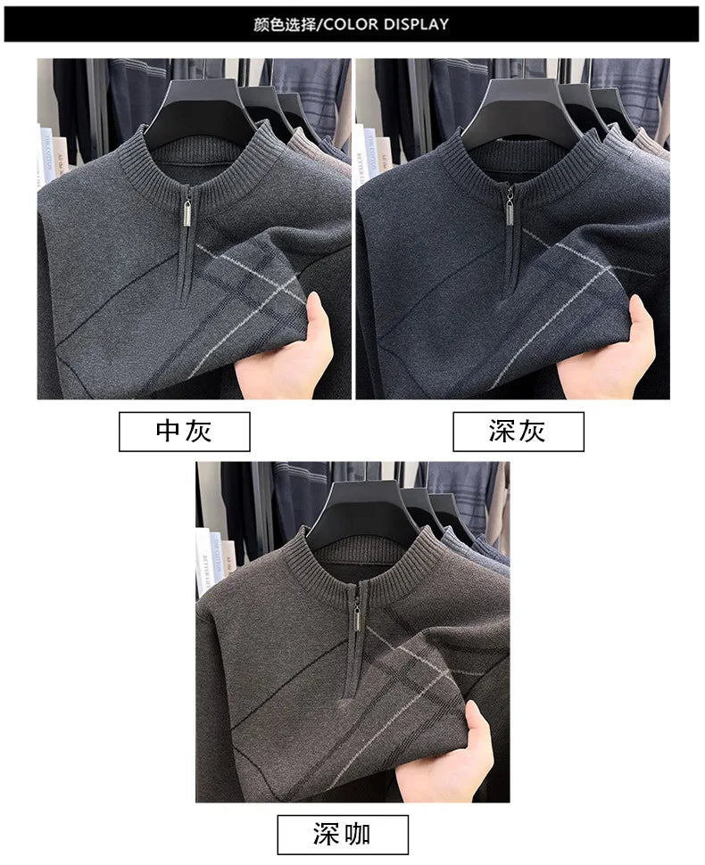 Men's New Thickened Turtleneck Knitwear Autumn Winter New Zipper Solid Color Sweater Middle Aged Warm Knit Top.