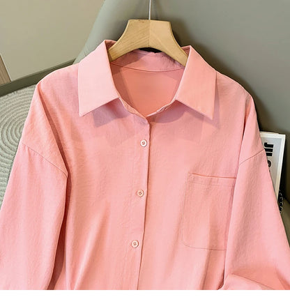 Plus Size Women's Blouses 2025 Spring Autumn Simple Lady Shirts Long Sleeve Big Pockets Shirt Loose Casual Tops