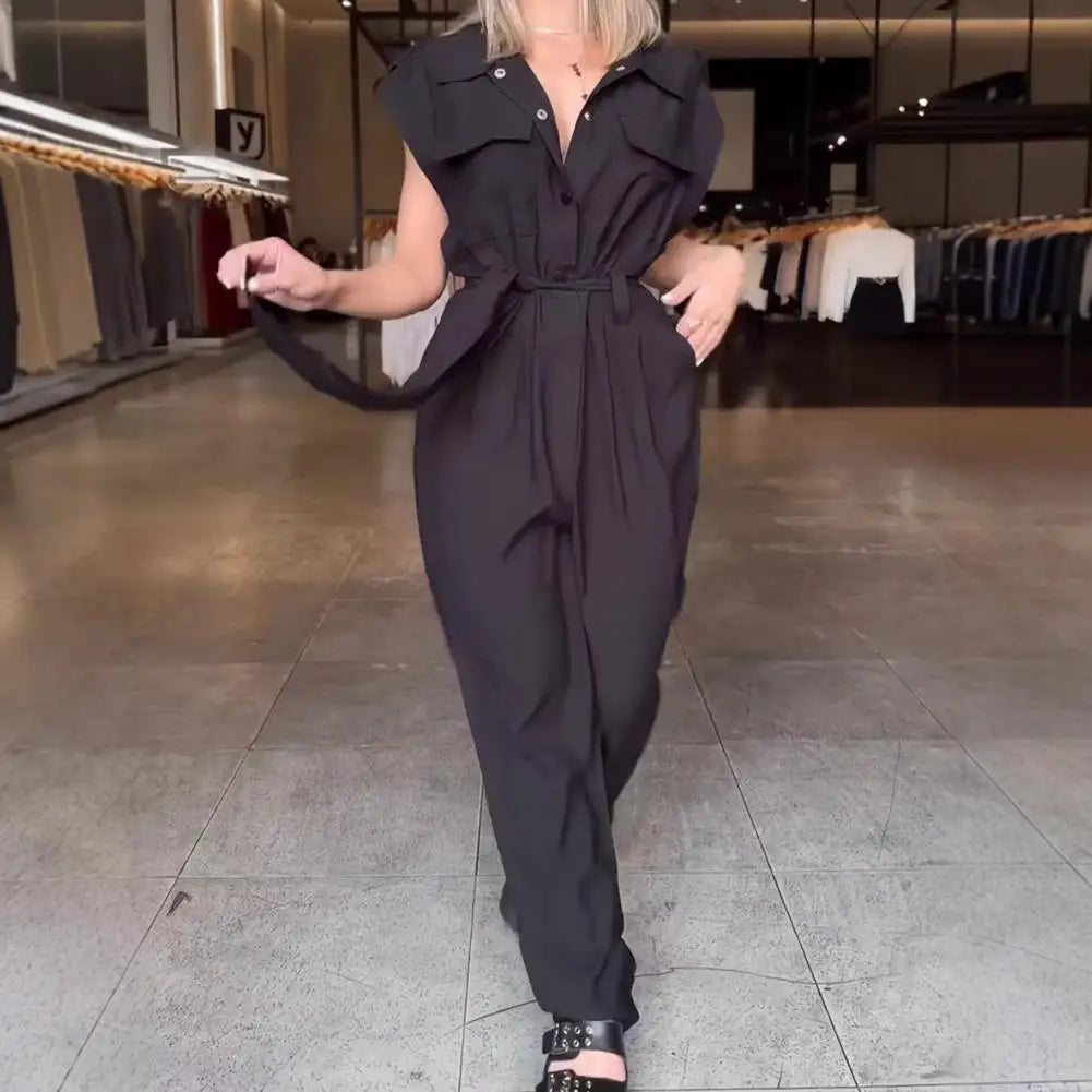 Elegant Women Jumpsuit Lapel Sleeveless Belt Design Romper with Pockets Solid Color Wide Leg Pants Versatile Jumpsuit.