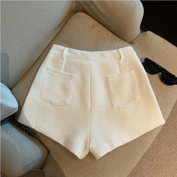 Fashion Tweed High Waist Women Shorts Autumn Winter Slim Office Woolen Black Shorts Women.