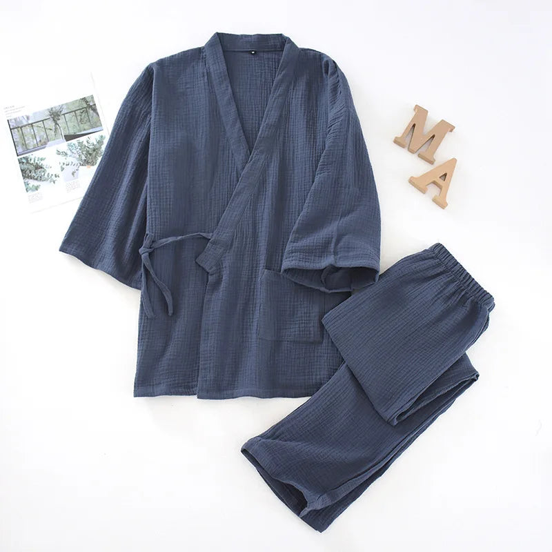 2025 japanisches Kimono-Set, 100 % Baumwolle, Pyjama, zweiteilig, Paar, Yukata, lockerer Herren- und Damen-Schweißdampfanzug, Heimservice-Set