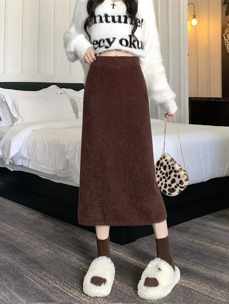 Korean Imitation Mink Plush Knitted Skirts Women Autumn Winter Thick Soft Split Pencil Skirts Elegant High Waist Bodycon Skirt.