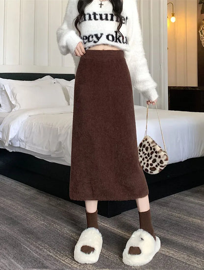 Korean Imitation Mink Plush Knitted Skirts Women Autumn Winter Thick Soft Split Pencil Skirts Elegant High Waist Bodycon Skirt.