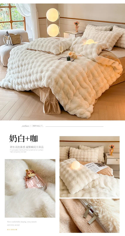 2024 new solid color colorful rabbit wool four-piece set, one side of rabbit fur and one side of milk wool thickened warm