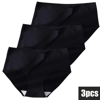 3Pcs Plus Size Underwear Women's Panties Ice Silk Solid Color Ladies Seamless Underpant Girls Briefs Breath Sexy Lingerie Female