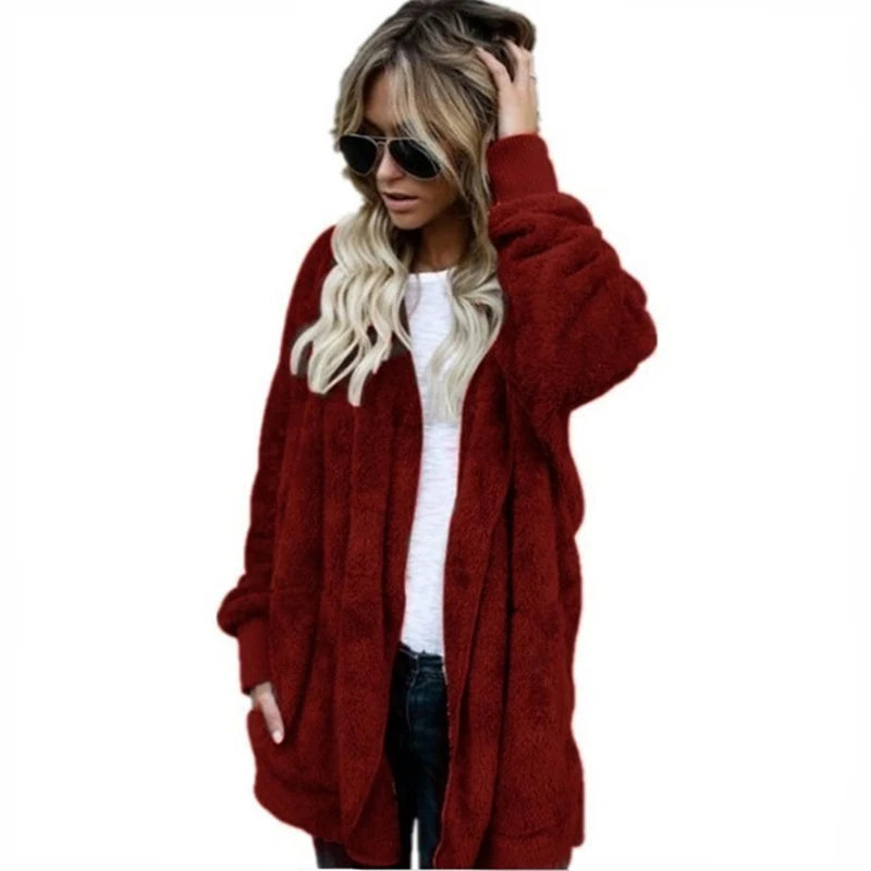 Herbst Winter Doppel Fleece Strickjacke Jacke Frauen Einfarbig Langarm Plüsch Warme Mit Kapuze Dame Jacke Übergroßen Oberbekleidung Mantel