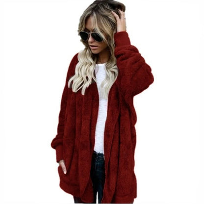 Herbst Winter Doppel Fleece Strickjacke Jacke Frauen Einfarbig Langarm Plüsch Warme Mit Kapuze Dame Jacke Übergroßen Oberbekleidung Mantel