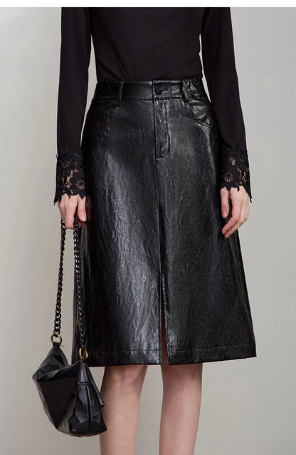 AMII Minimalist PU Leather Skirt For Women 2025 American Retro Knee-Length Skirt Solid Basics Business Women's Clothing 12553014