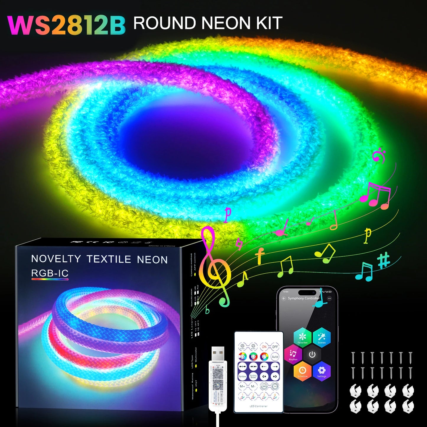 DC5V USB RGB LED Round Neon Light Strip Music Sync Control with App/Remote Addressable Lamp IP67 Waterproof for Indoor Outdoor.