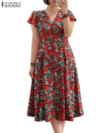 ZANZEA Elegante Frauen Floral Print Midi Kleid Sommer 2025, Casual Rüschen Kurzarm V-ausschnitt Vestidos Mode Cinched Taille Roben