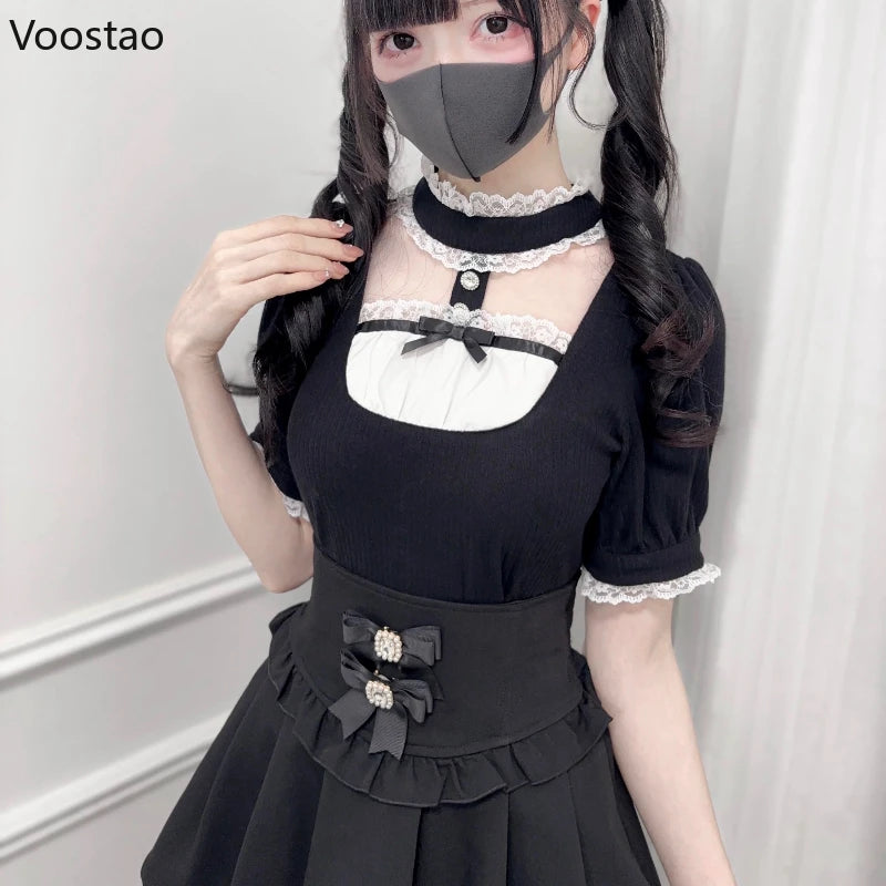 Japanese Gothic Lolita Style Shirts Women Vintage Sweet Y2k Lace Ruffles Short Sleeve Plaid Blouses Jirai Kei Girls Casual Tops.