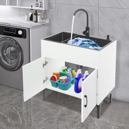 Schwarz/weißes unabhängiges Waschbecken mit Schrank, Küchenspüle aus Edelstahl mit 360° °   Drehbarer Wasserhahn für Badezimmer, Waschbecken