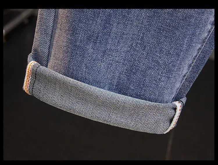 Men's Slim Straight Jeans Fashion Korean winter and Autumn Trousers Comfortable Elastic Blue Fitted Business Casual Denim Pants.