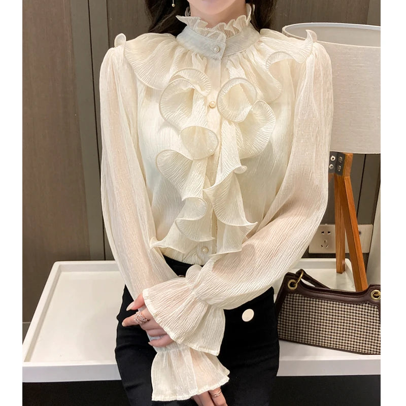 Autumn Vintage Ruffles Clothes Lace Blouse Women Spring Stand Collar White Chiffon Shirt Long Puff Sleeve Loose Tops Elegant.
