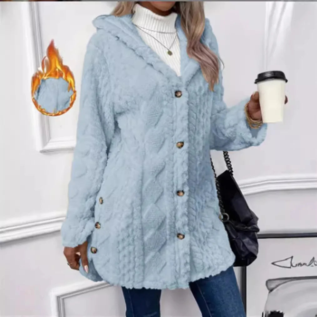 Women Cardigan Hoodie Jacket Autumn Winter Argyle Textured Pattern Hooded Irregular Hem Buttons Fleece Oversized Outerwear Coat.