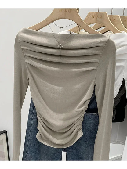 Spicy Girl Style One-Collar Ruffles Cropped Long Sleeve T-Shirt Women's Autumn/Winter New Arrival Base Layer Sweatshirt.