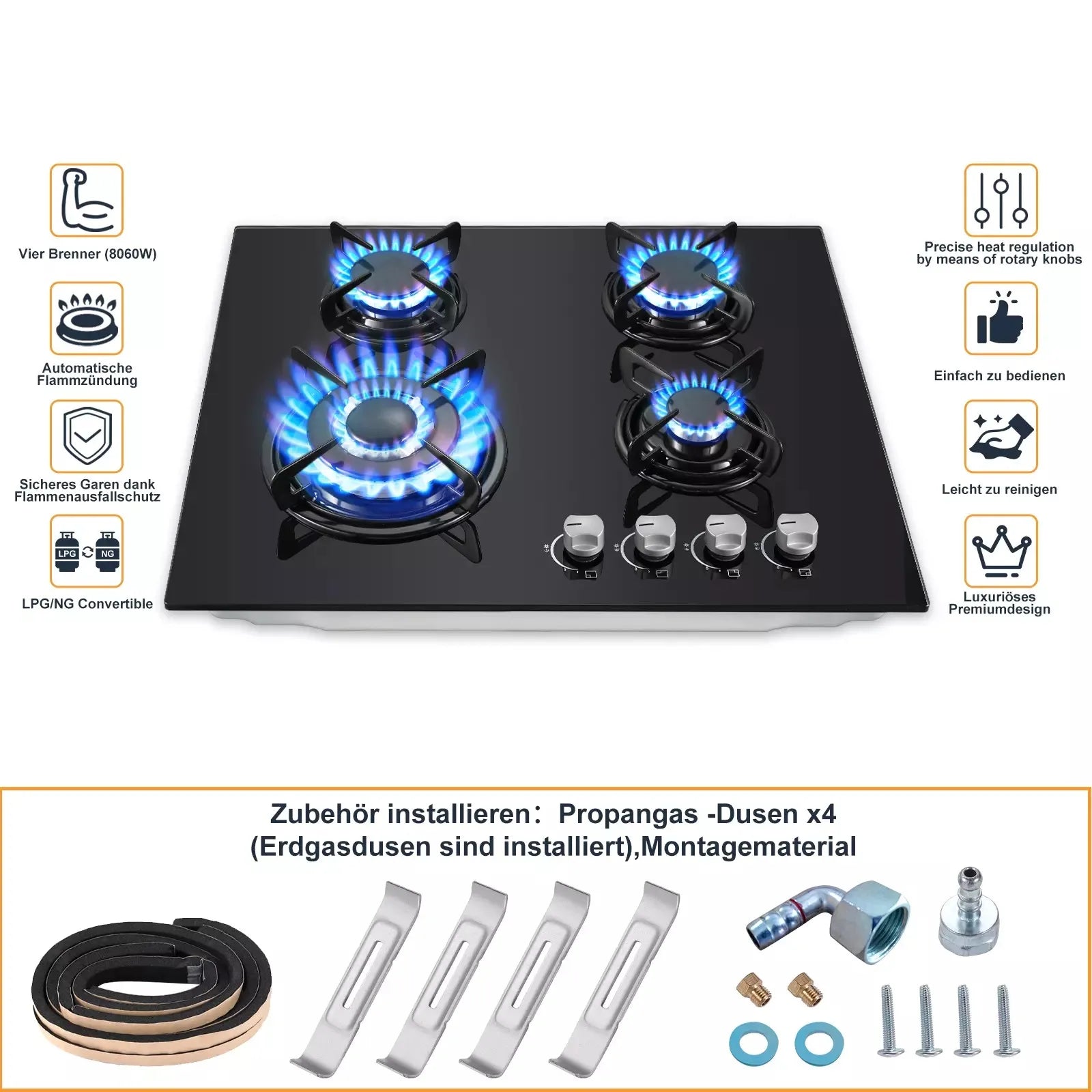 TopStrong 4-Burner Glass Ceramic Built-in Hob Natural Gas Propane Gas Hob.
