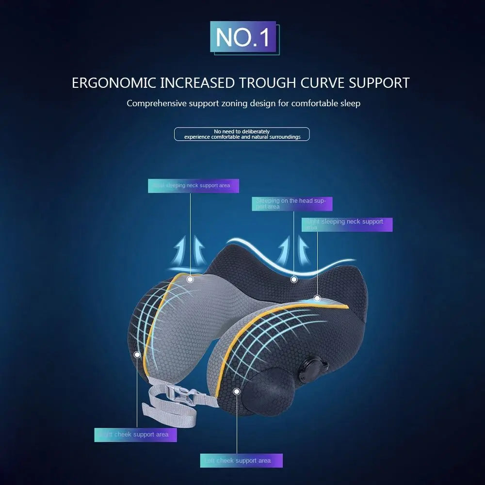 New U-shaped Travel Neck Pillow Elastic Fabric Foldable Inflatable Pillow Press Type Neck Support Cushion Airplane Pillow.