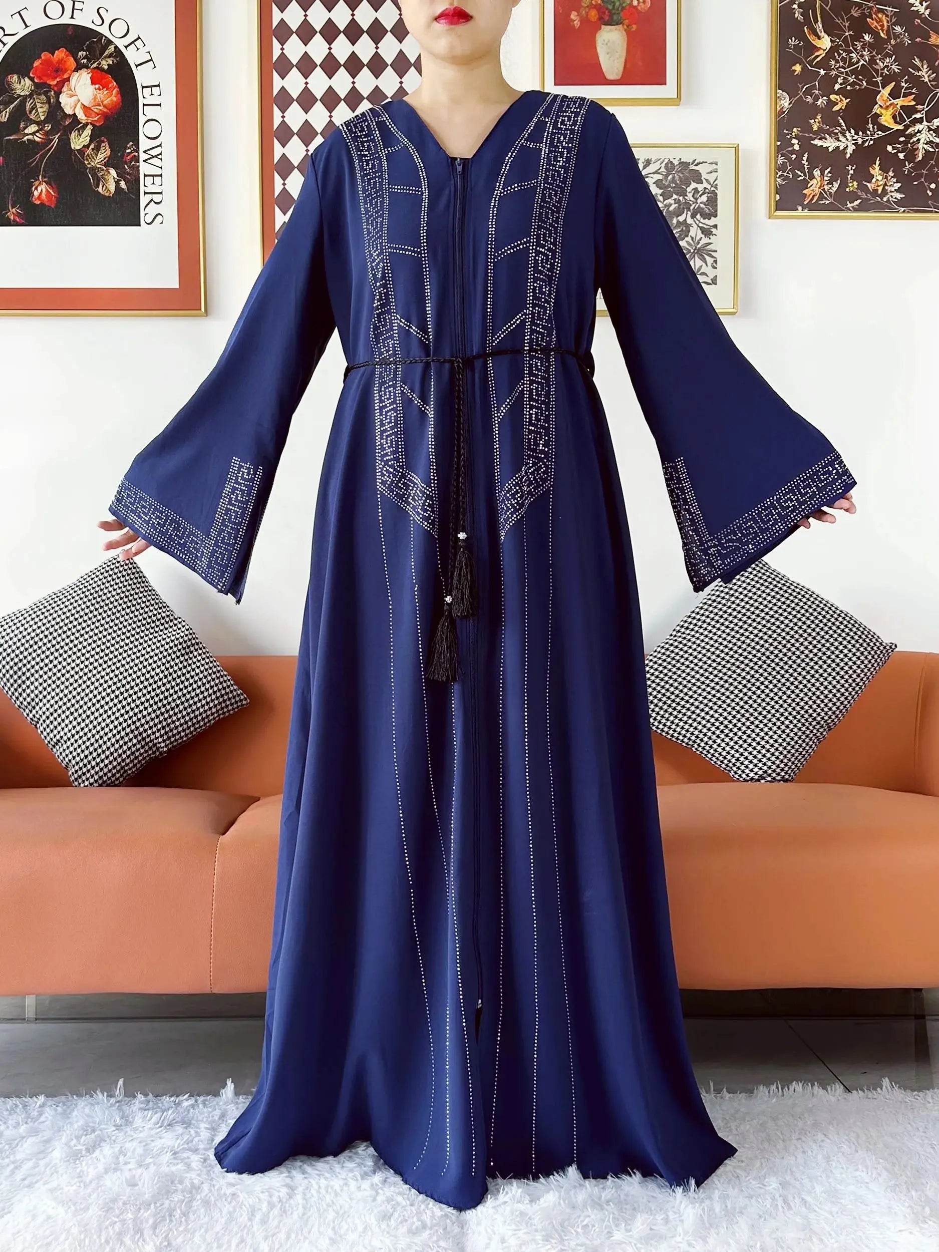 New Women Elegant Dress Chiffon Open Abaya with Zipper Muslim Women Dress Islamic Clothing Cardigan Abaya Women Muslim Dress.